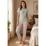 Kadın Pamuklu Penye Baskılı Kısa Kollu Bisiklet Yaka Pijama Takımı - Mint