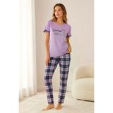 Kadın Pamuklu Penye Summer Baskılı Kısa Kollu Pijama Takımı Bisiklet Yaka Ekose Desenli - Lila