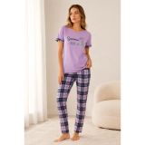 Kadın Pamuklu Penye Summer Baskılı Kısa Kollu Pijama Takımı Bisiklet Yaka Ekose Desenli - Lila