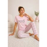 Kadın Pamuklu Penye Summer Baskılı Kısa Kollu Pijama Takımı Ekose Desenli - Pembe