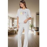 Kadın Pamuklu Rahat Baskılı Pijama Takımı Kısa Kollu Tişört Pantolon Kullanım Ve Şık