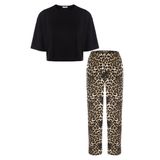 Kadın Pamuklu Siyah Oversize Tişört Alt Leopar Desenli Pijama Takımı M Siyah - Kahverengi