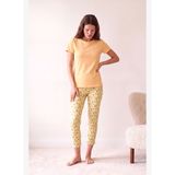 Kadın Pamuklu Turuncu Çiçek Desenli Kısa Kollu Bisiklet Yaka 3/4 Altlı Pijama Takımı PJLINA