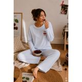 Kadın Pamuklu Uzun Kollu Kiraz Baskılı Çizgili Pijama Takımı