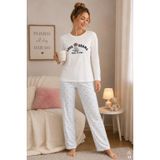 Kadın Pamuklu Uzun Kollu Köpek Baskılı Çizgili Desenli Pijama Takımı