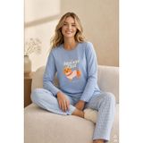 Kadın Pamuklu Uzun Kollu Köpek Baskılı Üst Ekose Desenli Alt Pijama Takımı