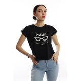 Kadın Paris Yazı Baskılı Crop Tişört Siyah