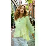 Kadın Pastel Sarı Fırfırlı, Arkası Uzun Pamuk Keten Rahat Kesim Bluz 700-3571319