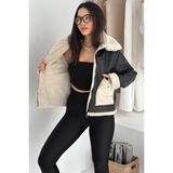 Kadın Peluş Astarlı Deri Ceket – Cepleri Peluş Detaylı & Kontrast Yakalı - Siyah - Slim Fit