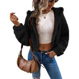 Kadın Peluş Crop Fitted Kapşonlu Zip Fermuarlı Polar Hırka Tek Beden