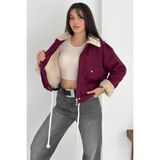 Kadın Peluş Detaylı Fermuarlı Mont – Sıcak & Şehirli Stil - Bordo