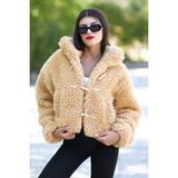 Kadın Peluş Mont Sarı Çoban Düğmeli Kısa Kesim Yumuşak Dokulu - 8749 - Camel - Standart