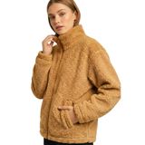 Kadın Peluş Tam Fermuarlı Cepli Sherpa Kuzu Kumaş Oversize Peluş Polar Sweatshirt (Bej, XS)