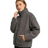 Kadın Peluş Tam Fermuarlı Cepli Sherpa Kuzu Kumaş Oversize Peluş Polar Sweatshirt (Füme, XS)