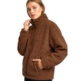 Kadın Peluş Tam Fermuarlı Cepli Sherpa Kuzu Kumaş Oversize Peluş Polar Sweatshirt (Kahverengi, S)