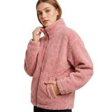Kadın Peluş Tam Fermuarlı Cepli Sherpa Kuzu Kumaş Oversize Peluş Polar Sweatshirt (Pembe, M)