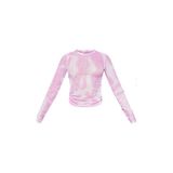 Kadın Pembe Baskılı File Panelli Tül Bluz - XL