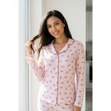Kadın Pembe Çiçek Desenli Bambu Viskon Uzun Kollu Soft Örme Pijama Takımı BERIN-RP
