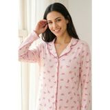 Kadın Pembe Çiçek Desenli Bambu Viskon Uzun Kollu Soft Örme Pijama Takımı