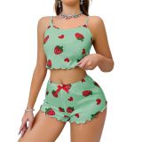 Kadın pembe çizgili desen Askılı Şortlu Pijama Takım 5002