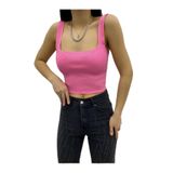 Kadın Pembe Kalın Askılı Kare Yaka Crop Triko Bluz -10637 Pembe Standart