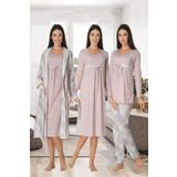 Kadın Pembe Kareli Uzun Kollu Sabahlıklı Gecelik Pijama Takımı 4'lü Set, L, Effortt8086-19804IGP27168154