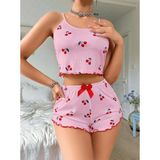 Kadın Pembe Kiraz Desenli Askılı Şortlu Pijama Takım 6656 - Samoa