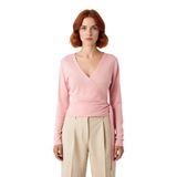 Kadın Pembe Kruvaze Yaka Crop Triko Kazak Günlük Kullanım İçin İnce Yapılı Uzun Kollu Rahat Stil -Pembe-M