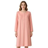 Kadın Pembe Uzun Kollu Gecelik, Dokuma Kumaş, Uzun Boy, Ev Giyim, U Yaka, Düz Desen, Regular Kalıp (Pembe, 2XL)