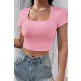 Kadın Pembe Yarım Kol Düz Yaka Crop Top Bluz