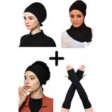 Kadın Penye Boyunluklu Bone Namaz Kolluğu Fırfırlı Bone Düz Bone Siyah 4'Lü Set