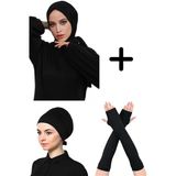 Kadın Penye Şal Düz Bone Namaz Kolluğu Siyah 3'Lü Set