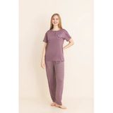 Kadın Pijama Takımı-Menekşe Kumaş-3 Düğmeli-Yaka Baskılı-12606Sf