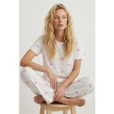 Kadın Pijama Takımı Süprem Kumaş Kısa Kollu Pembe Kalp Desenli Uzun Pantolon Mevsimlik 2'li Set