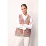Kadın Pıtırcık Çiçekli Patchwork Keçe Yün Yelek Bej_y.ş.pembe - XL
