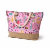Kadın Plaj Çantası 28 LT Jüt Tabanlı Fermuarlı İçi Astarlı Cepli Yumuşak Saplı (Pembe Desenli, 28 Litre)