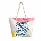 Kadın Plaj Çantası Fermuarlı İçi Astarlı Cepli Kanvas Kumaş Özel Baskılı Halat Saplı 32 Litre (Ekru Desenli, 32 Litre)