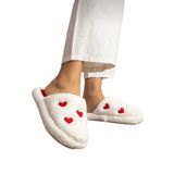 Kadın Pofuduk Nakışlı Ev Terliği Çeyiz Bohça Terliği Valentine's Day BEYAZ - KIRMIZI 7408