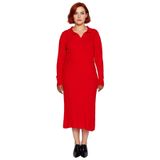 Kadın Polo Yaka Fitilli Bodycon Triko Midi Elbise Uzun Kollu Kış Günlük Şık Akrilik Tasarım-Kırmızı-3XL