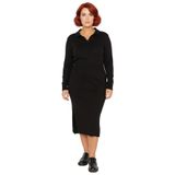 Kadın Polo Yaka Fitilli Bodycon Triko Midi Elbise Uzun Kollu Kış Günlük Şık Akrilik Tasarım-Siyah-5XL