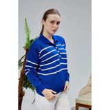 Kadın Polo Yaka Oversize Çizgili 4 Düğmeli Triko Kazak Saks Mavi