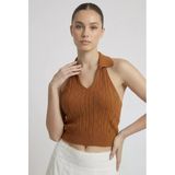 Kadın Polo Yaka Sırt Dekolteli Crop Bluz - Camel