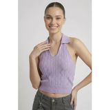 Kadın Polo Yaka Sırt Dekolteli Crop Bluz - Lila