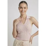 Kadın Polo Yaka Sırt Dekolteli Crop Bluz - Pembe
