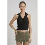 Kadın Polo Yaka Sırt Dekolteli Crop Bluz - Siyah