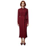 Kadın Polo Yaka Uzun Kollu Triko Maxi Elbise Akrilik Kumaş Kuşaklı Shift Kalıp Düz Tasarım-Bordo-XL