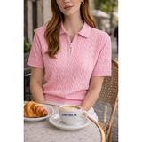 Kadın Polo Yaka Yarım Fermuarlı Saç Örgü Desenli Triko Bluz Yazlık Ince Triko - Şeker Pembe - XS - S