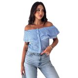 Kadın Pötikare Desenli Madonna Yaka Crop Bluz Büzgü Detaylı Düğmeli Bluz, mavi, m