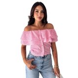 Kadın Pötikare Desenli Madonna Yaka Crop Bluz Büzgü Detaylı Düğmeli Bluz, pembe, m
