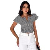 Kadın Pötikare Desenli Madonna Yaka Crop Bluz Büzgü Detaylı Düğmeli Bluz, siyah, s